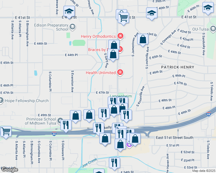 map of restaurants, bars, coffee shops, grocery stores, and more near 4636 South Gary Place in Tulsa