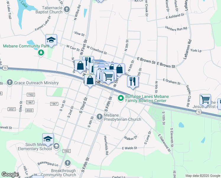 map of restaurants, bars, coffee shops, grocery stores, and more near in Mebane