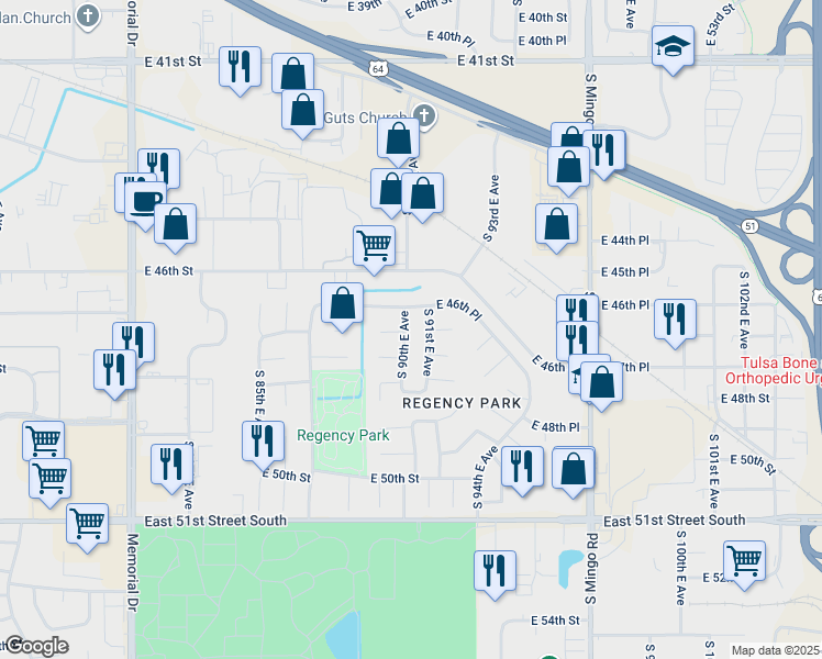 map of restaurants, bars, coffee shops, grocery stores, and more near 4617 South 90th East Avenue in Tulsa