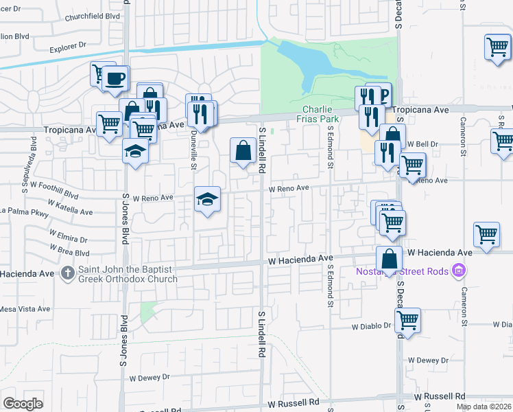 map of restaurants, bars, coffee shops, grocery stores, and more near 5138 South Lindell Road in Las Vegas