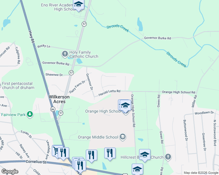 map of restaurants, bars, coffee shops, grocery stores, and more near 605 Orchard Place in Hillsborough