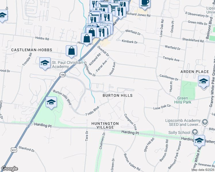 map of restaurants, bars, coffee shops, grocery stores, and more near 57 Brookhill Circle in Nashville