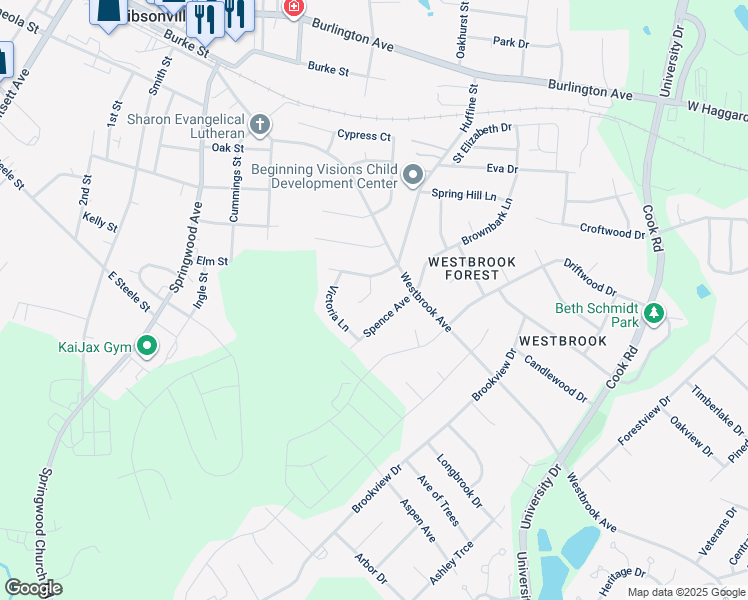 map of restaurants, bars, coffee shops, grocery stores, and more near 30 Heather Court in Gibsonville