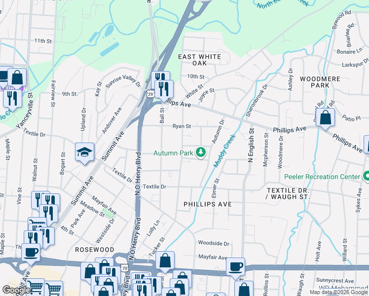 map of restaurants, bars, coffee shops, grocery stores, and more near 1710 Boone Street in Greensboro