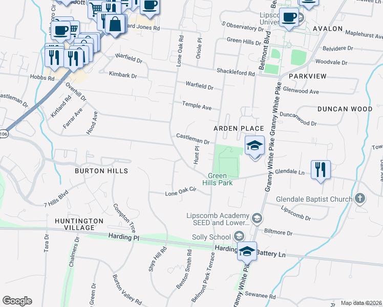 map of restaurants, bars, coffee shops, grocery stores, and more near 4407 Hunt Place in Nashville