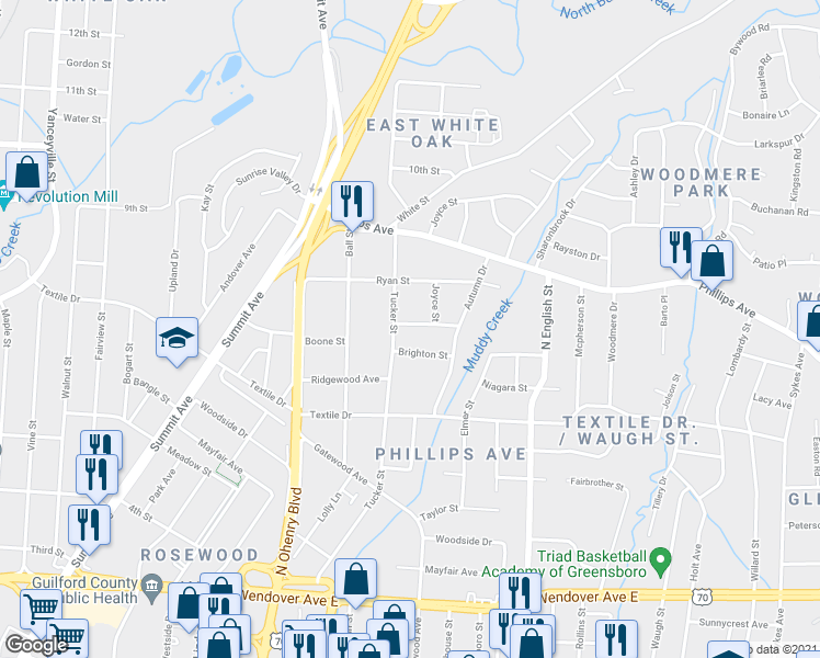 map of restaurants, bars, coffee shops, grocery stores, and more near 1708 Boone Street in Greensboro