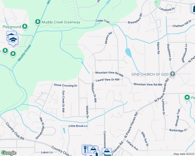 map of restaurants, bars, coffee shops, grocery stores, and more near 5179 Laurel View Drive Northwest in Winston-Salem