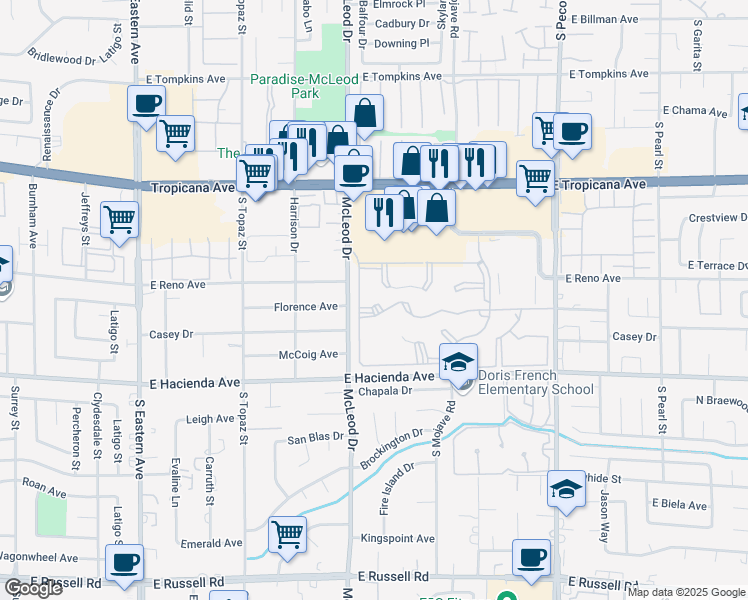 map of restaurants, bars, coffee shops, grocery stores, and more near 3038 Casey Drive in Las Vegas