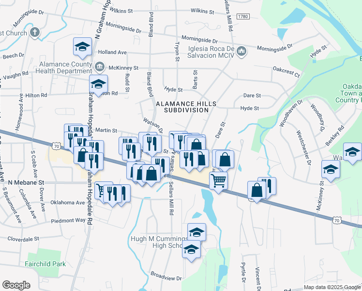 map of restaurants, bars, coffee shops, grocery stores, and more near 215 Sellars Mill Road in Burlington