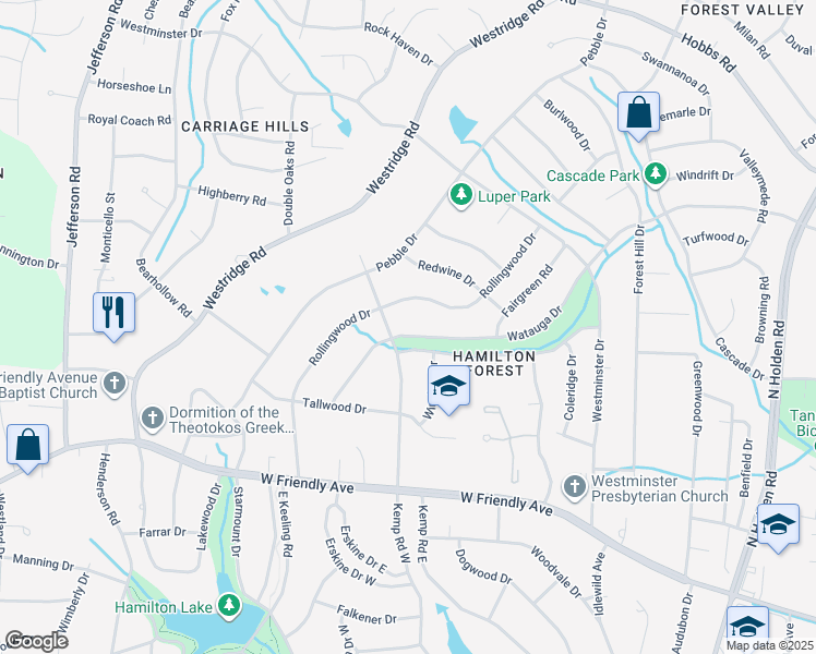 map of restaurants, bars, coffee shops, grocery stores, and more near 3920 Watauga Drive in Greensboro