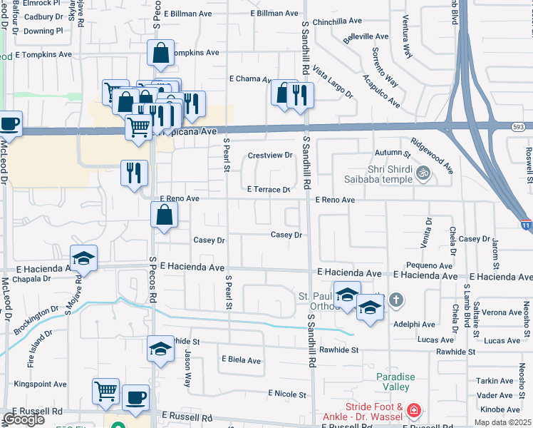 map of restaurants, bars, coffee shops, grocery stores, and more near 5145 Tennis Court West in Las Vegas