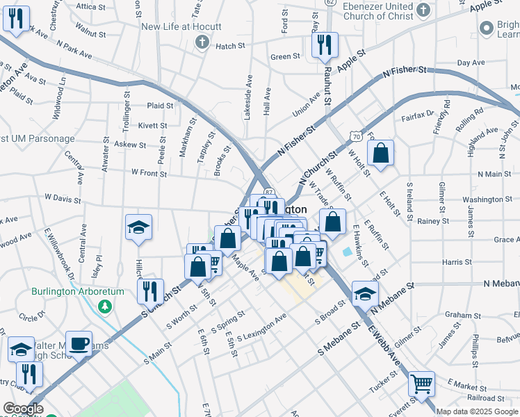 map of restaurants, bars, coffee shops, grocery stores, and more near 337 West Front Street in Burlington