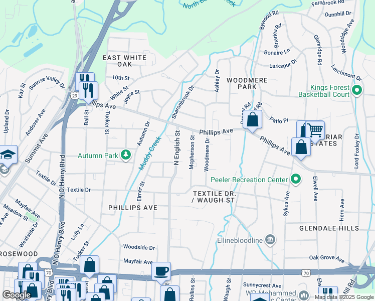 map of restaurants, bars, coffee shops, grocery stores, and more near 1617 Mcpherson Street in Greensboro