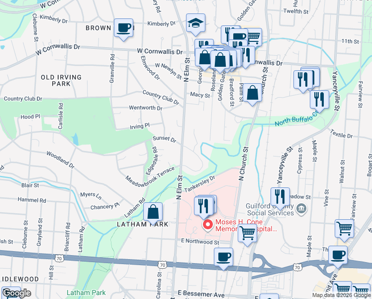 map of restaurants, bars, coffee shops, grocery stores, and more near 1800 North Elm Street in Greensboro