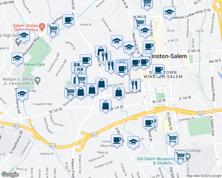 map of restaurants, bars, coffee shops, grocery stores, and more near 215 Broad Street South in Winston-Salem