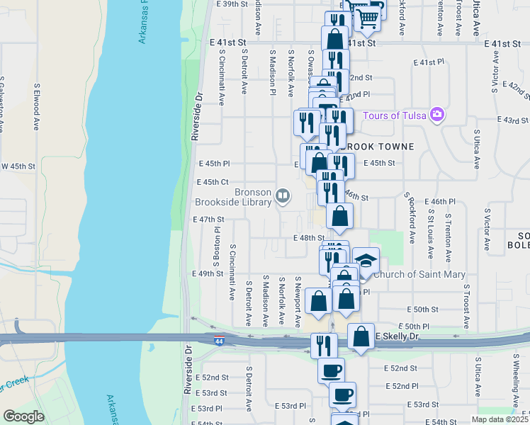 map of restaurants, bars, coffee shops, grocery stores, and more near 4633 South Detroit Avenue in Tulsa