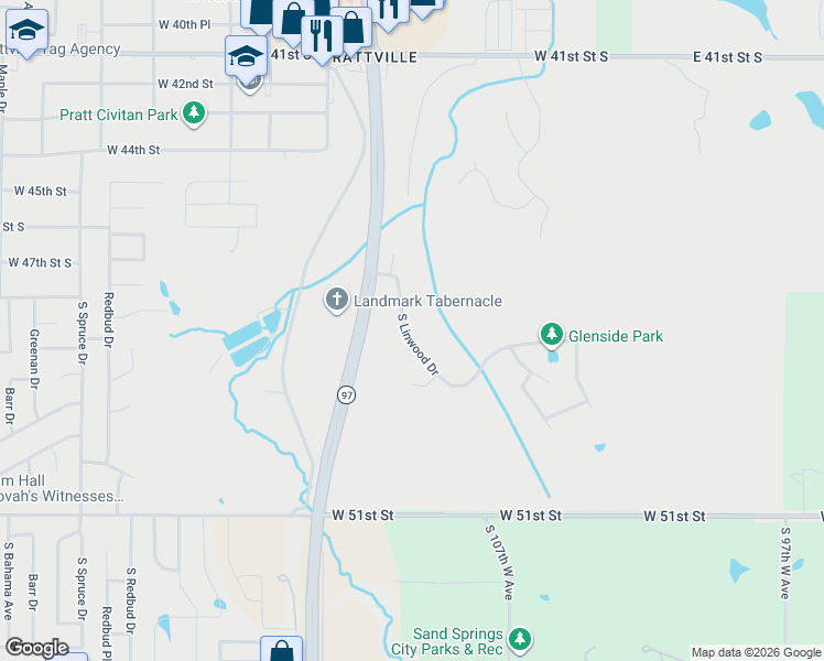 map of restaurants, bars, coffee shops, grocery stores, and more near 4706 South Linwood Drive in Sand Springs