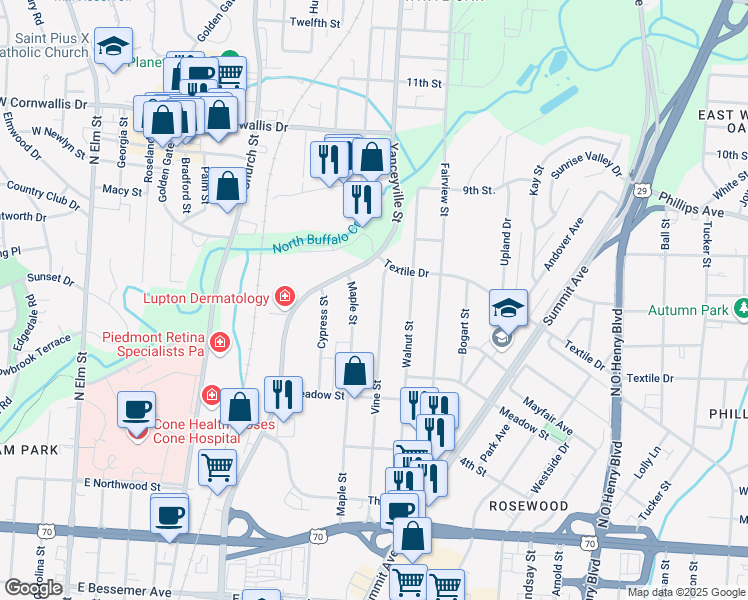 map of restaurants, bars, coffee shops, grocery stores, and more near 1417 Vine Street in Greensboro