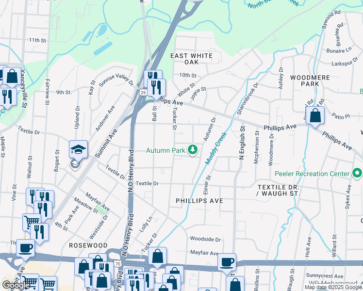 map of restaurants, bars, coffee shops, grocery stores, and more near 1710 Boone Street in Greensboro