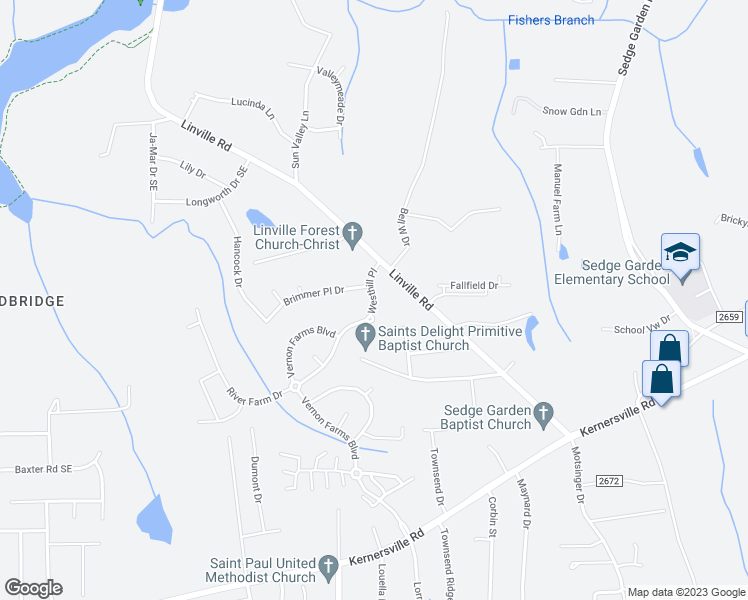 map of restaurants, bars, coffee shops, grocery stores, and more near 4538 Westhill Place Southeast in Kernersville