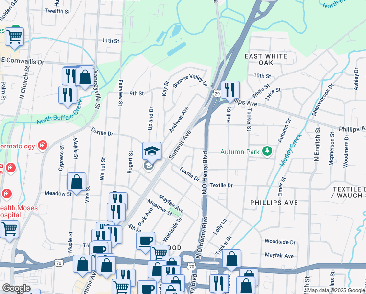 map of restaurants, bars, coffee shops, grocery stores, and more near 1405 Denim Road in Greensboro