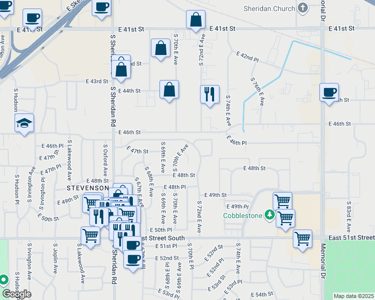 map of restaurants, bars, coffee shops, grocery stores, and more near 7005 E 47th St in Tulsa