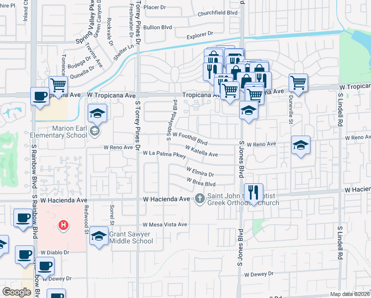 map of restaurants, bars, coffee shops, grocery stores, and more near 6309 West Katella Avenue in Las Vegas