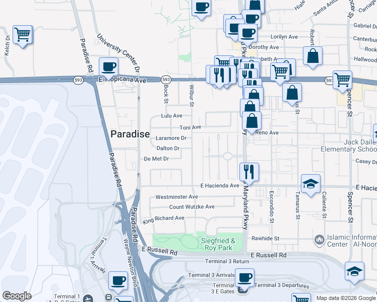map of restaurants, bars, coffee shops, grocery stores, and more near 5165 Wilbur Street in Las Vegas
