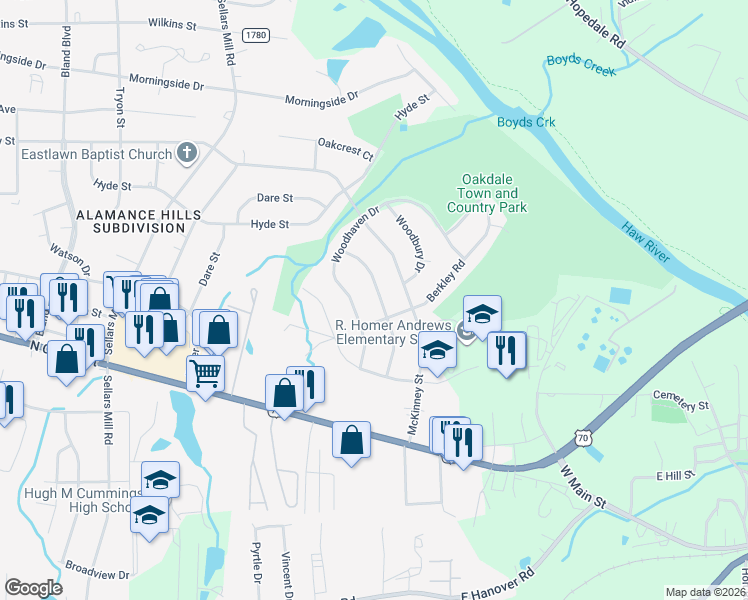 map of restaurants, bars, coffee shops, grocery stores, and more near 2741 Westchester Drive in Burlington
