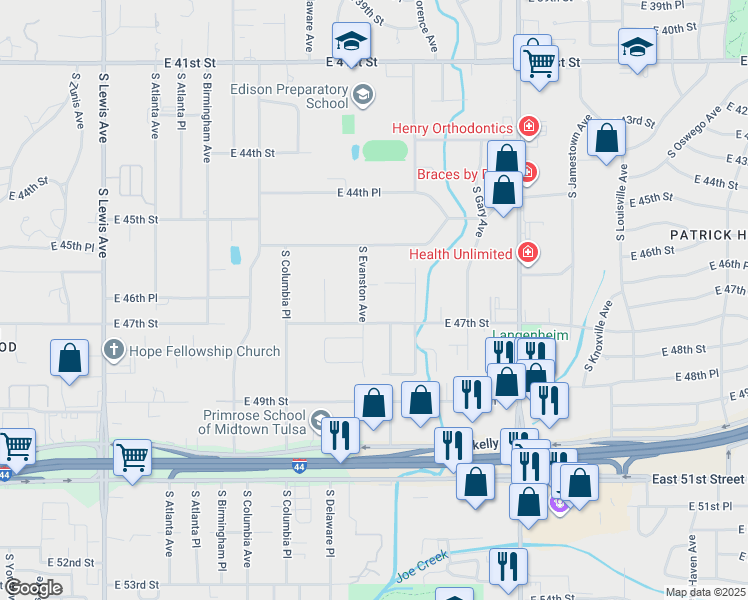 map of restaurants, bars, coffee shops, grocery stores, and more near 4633 South Evanston Avenue in Tulsa