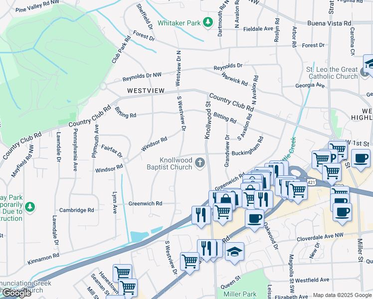 map of restaurants, bars, coffee shops, grocery stores, and more near 299 South Westview Drive in Winston-Salem