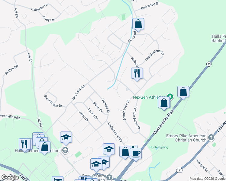 map of restaurants, bars, coffee shops, grocery stores, and more near 4407 Mace Lane in Knoxville