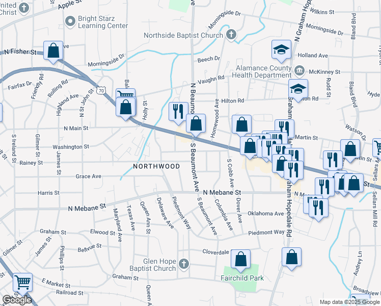 map of restaurants, bars, coffee shops, grocery stores, and more near 203 South Beaumont Avenue in Burlington