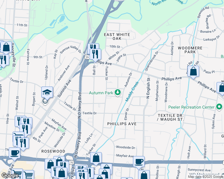 map of restaurants, bars, coffee shops, grocery stores, and more near 1710 Boone Street in Greensboro