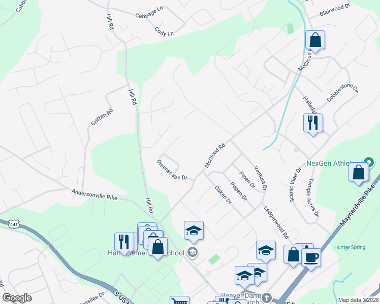map of restaurants, bars, coffee shops, grocery stores, and more near 4225 McCloud Road in Knoxville