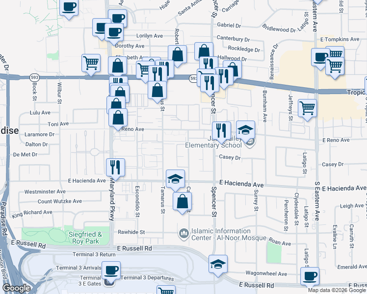 map of restaurants, bars, coffee shops, grocery stores, and more near 5155 Caliente Street in Las Vegas