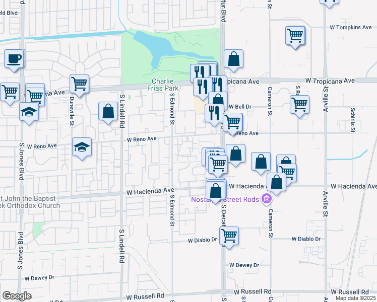 map of restaurants, bars, coffee shops, grocery stores, and more near 5125 West Reno Avenue in Las Vegas