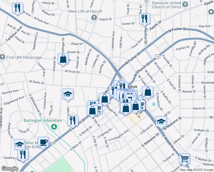 map of restaurants, bars, coffee shops, grocery stores, and more near 405 West Davis Street in Burlington