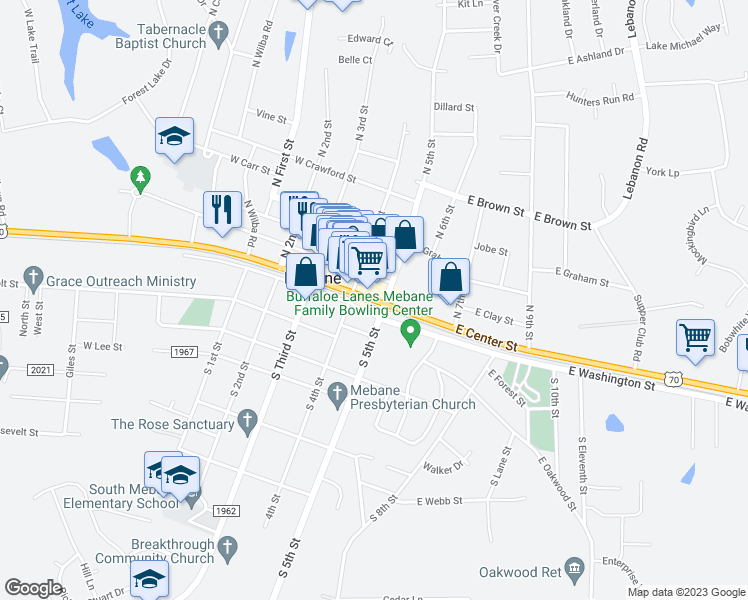 map of restaurants, bars, coffee shops, grocery stores, and more near 121 East Center Street in Mebane