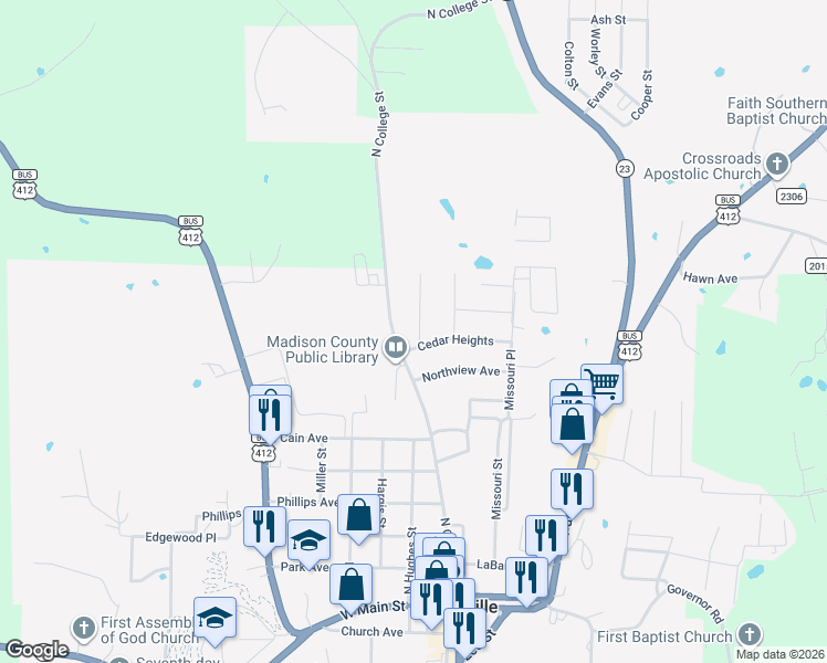 map of restaurants, bars, coffee shops, grocery stores, and more near 901 Acorn Street in Huntsville