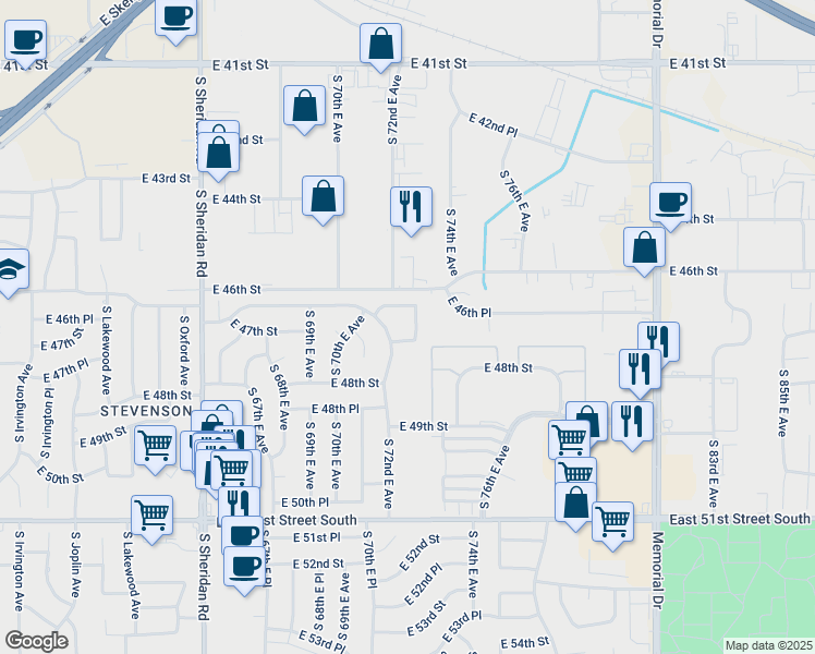 map of restaurants, bars, coffee shops, grocery stores, and more near 4620 South 72nd East Place in Tulsa