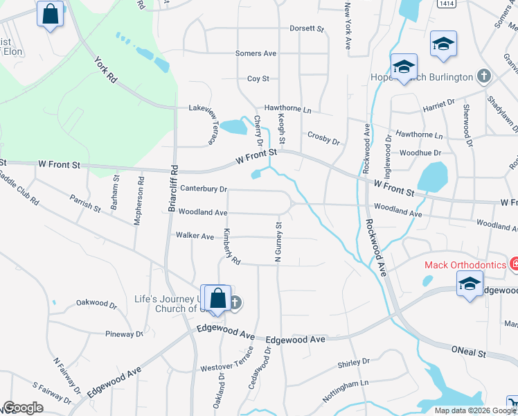 map of restaurants, bars, coffee shops, grocery stores, and more near 2159 Woodland Avenue in Burlington