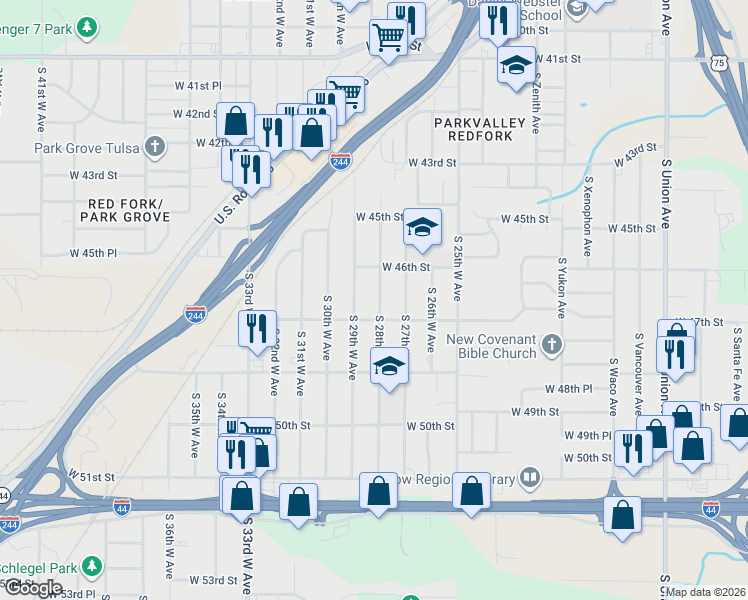 map of restaurants, bars, coffee shops, grocery stores, and more near 4636 South 28th West Avenue in Tulsa