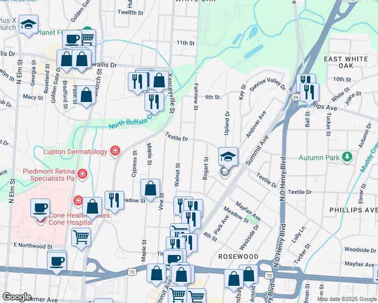 map of restaurants, bars, coffee shops, grocery stores, and more near 1417 Fairview Street in Greensboro