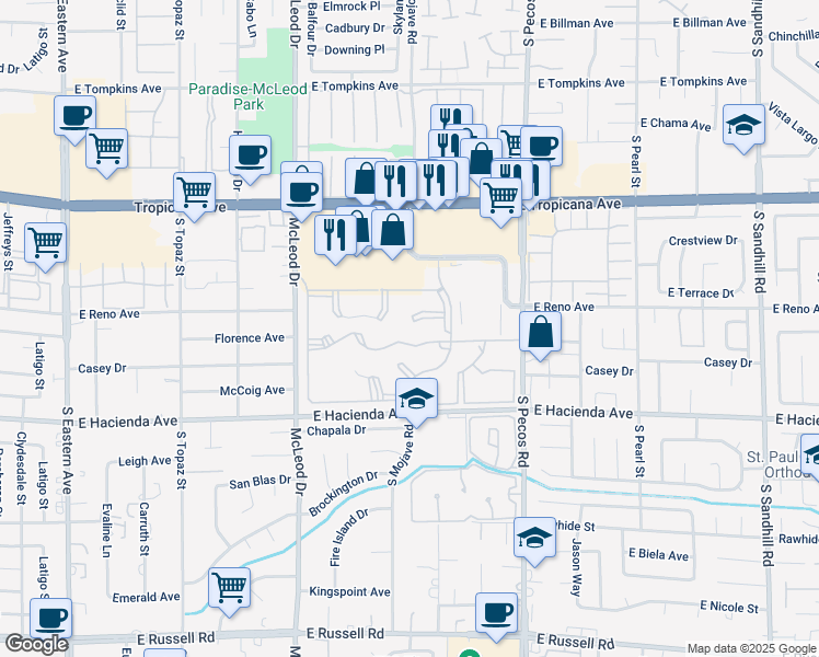 map of restaurants, bars, coffee shops, grocery stores, and more near 5121 Caspian Springs Drive in Las Vegas
