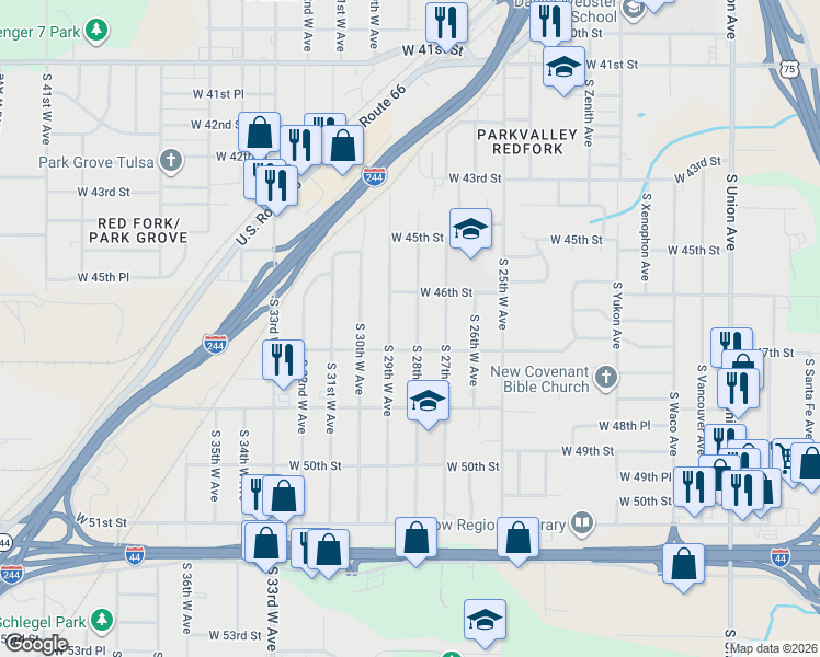 map of restaurants, bars, coffee shops, grocery stores, and more near 4636 South 28th West Avenue in Tulsa