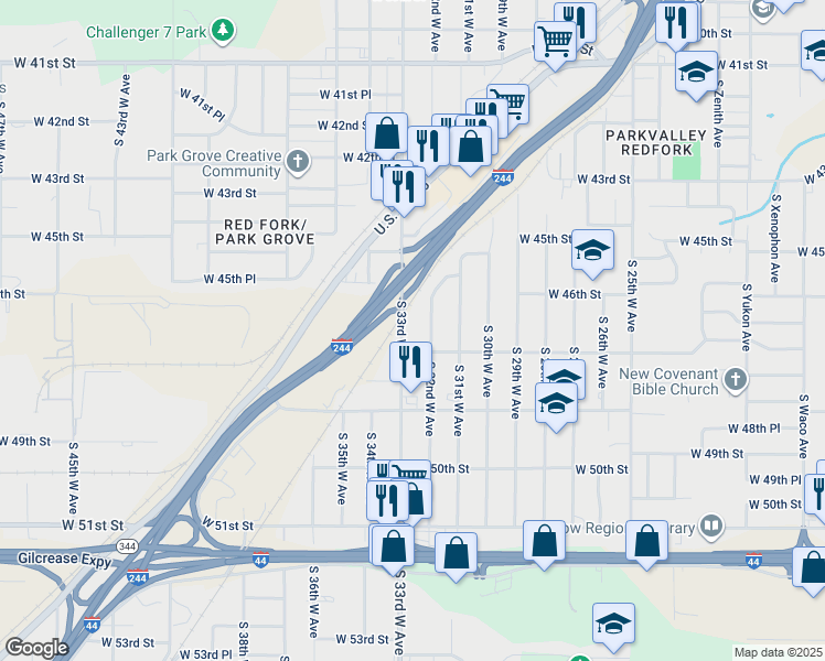 map of restaurants, bars, coffee shops, grocery stores, and more near 4636 South 32nd West Avenue in Tulsa