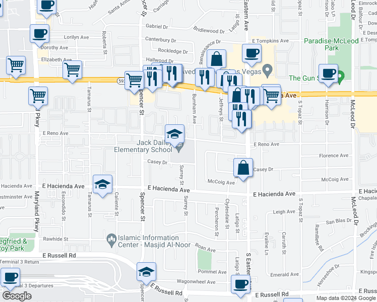 map of restaurants, bars, coffee shops, grocery stores, and more near 2049 East Reno Avenue in Las Vegas