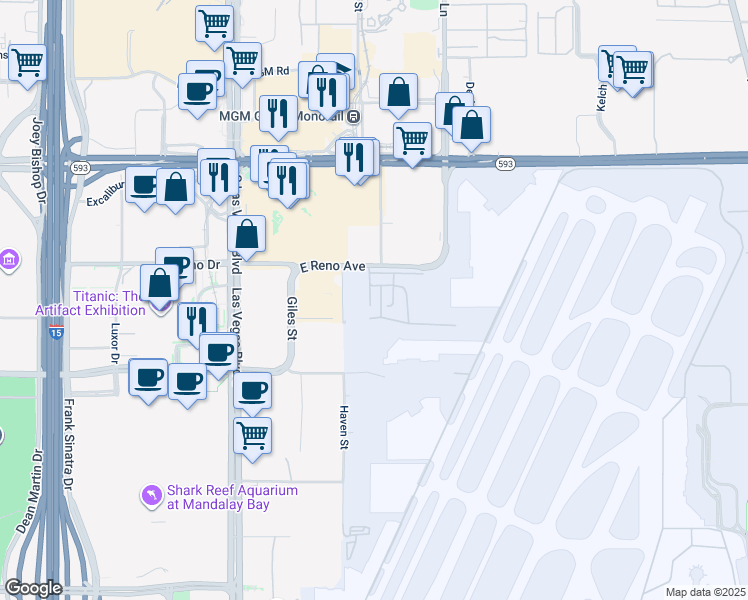 map of restaurants, bars, coffee shops, grocery stores, and more near 135 East Reno Avenue in Las Vegas