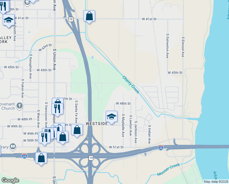 map of restaurants, bars, coffee shops, grocery stores, and more near 1002 West 46th Street in Tulsa
